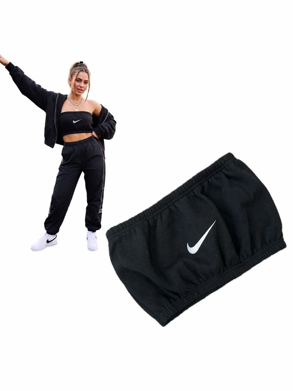 NIKE Fleece Swoosh Bandeau Tube Top in Black White Sz. M